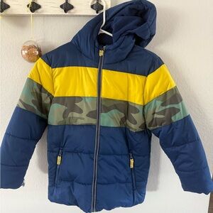 Mini Boden Blue and Yellow Camo Puffer Jacket